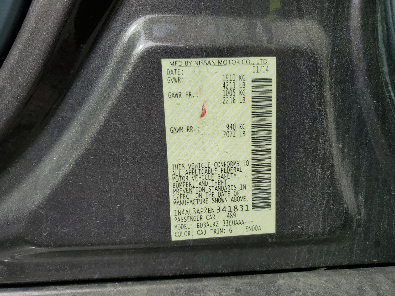 2014 Nissan Altima 2.5 VIN: 1N4AL3AP2EN341831 Lot: 83933475