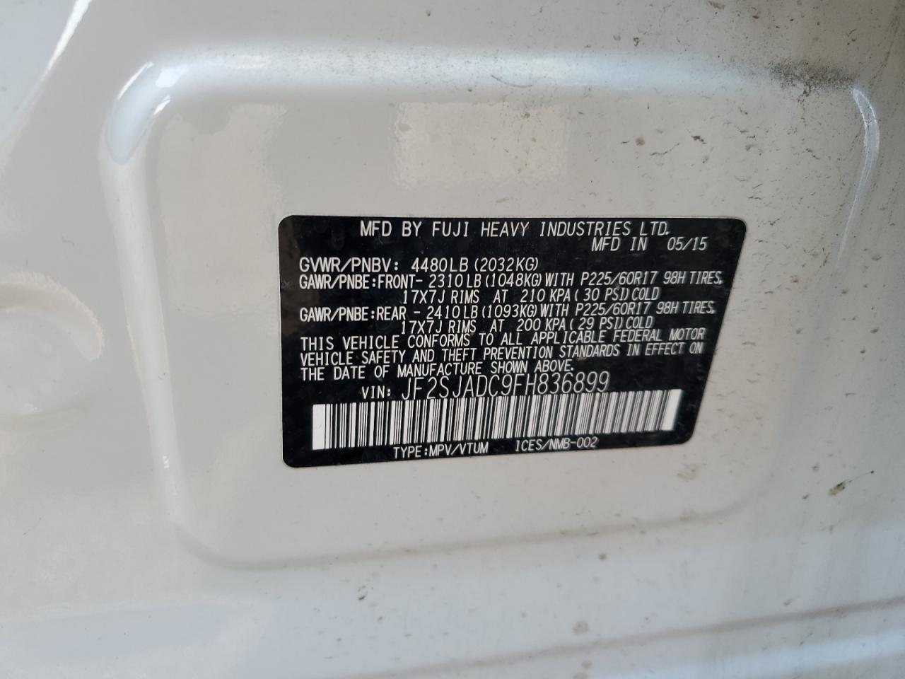 2015 Subaru Forester 2.5I Premium VIN: JF2SJADC9FH836899 Lot: 71508045