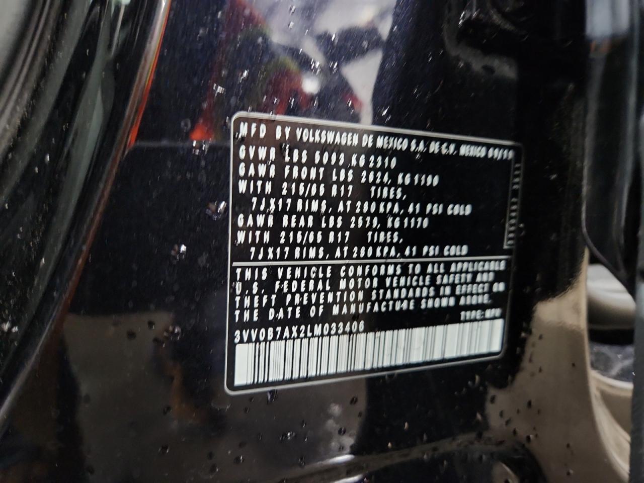 2020 Volkswagen Tiguan S VIN: 3VV0B7AX2LM033406 Lot: 70865905