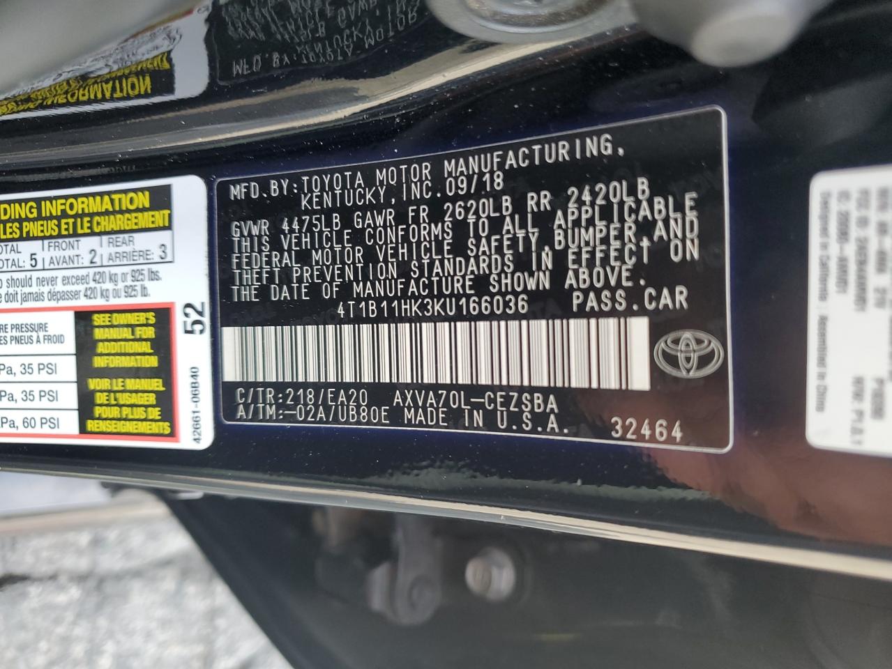 2019 Toyota Camry L VIN: 4T1B11HK3KU166036 Lot: 83827125