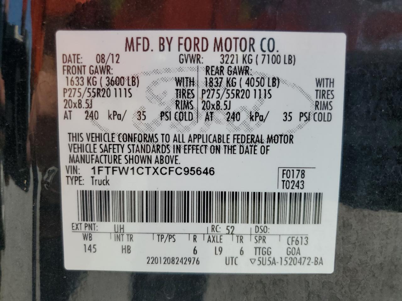 2012 Ford F150 Supercrew VIN: 1FTFW1CTXCFC95646 Lot: 71909435