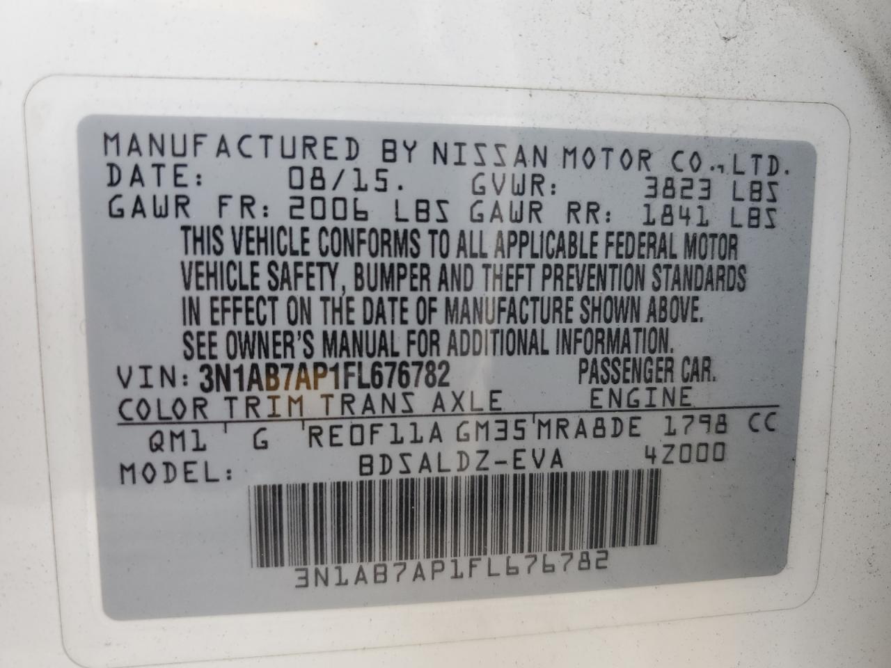 2015 Nissan Sentra S VIN: 3N1AB7AP1FL676782 Lot: 81448065