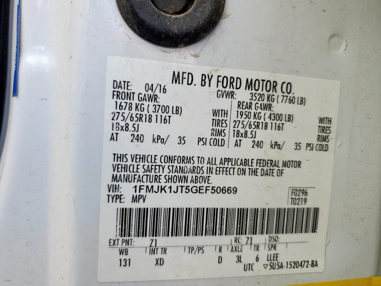 2016 Ford Expedition El Xlt VIN: 1FMJK1JT5GEF50669 Lot: 81037575