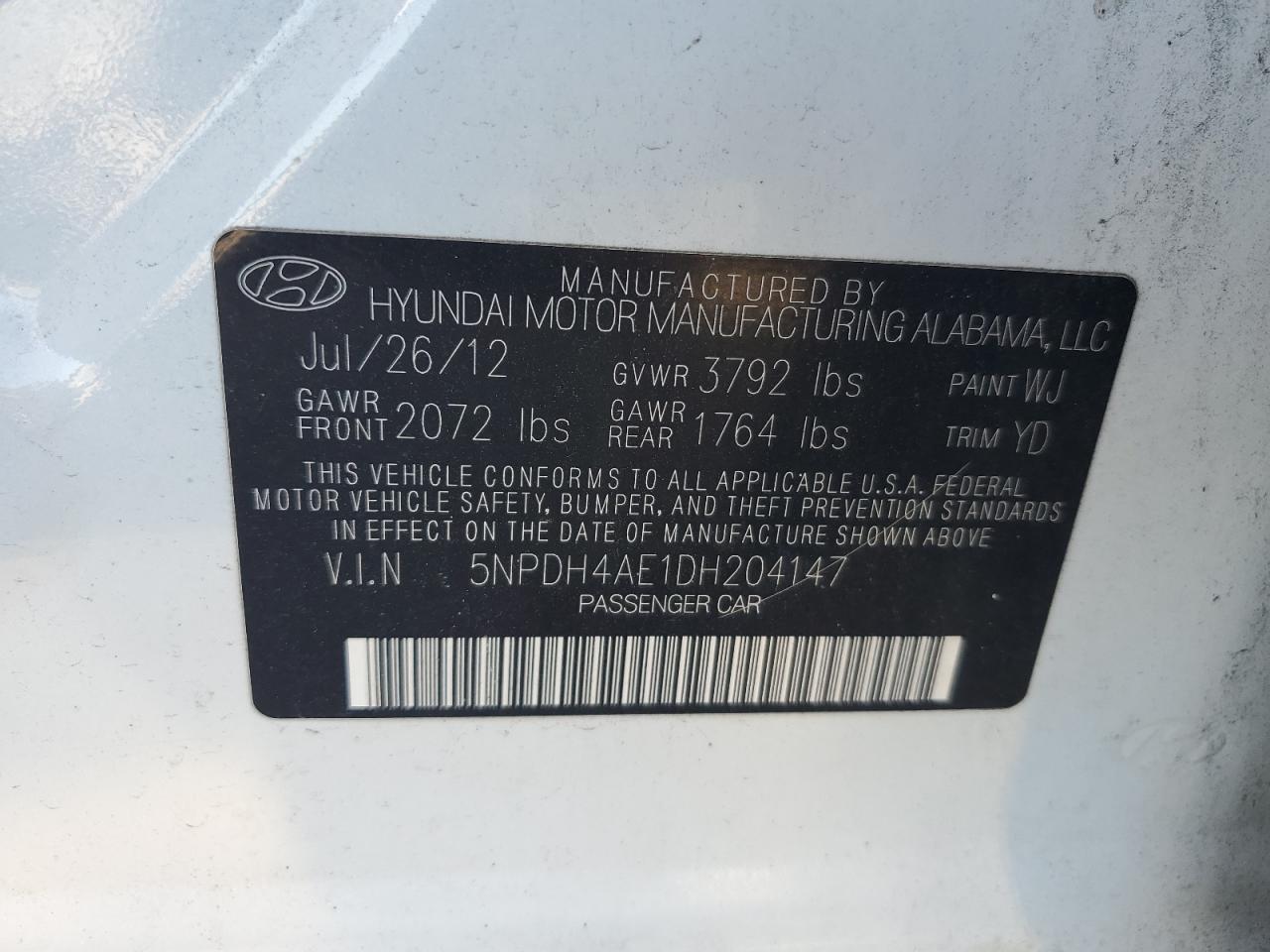 2013 Hyundai Elantra Gls VIN: 5NPDH4AE1DH204147 Lot: 81845485