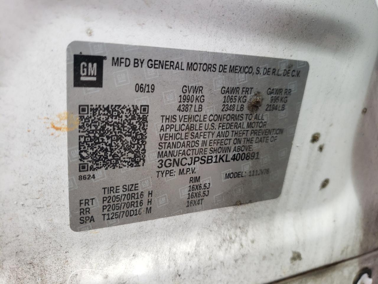 2019 Chevrolet Trax 1Lt VIN: 3GNCJPSB1KL400891 Lot: 83857875