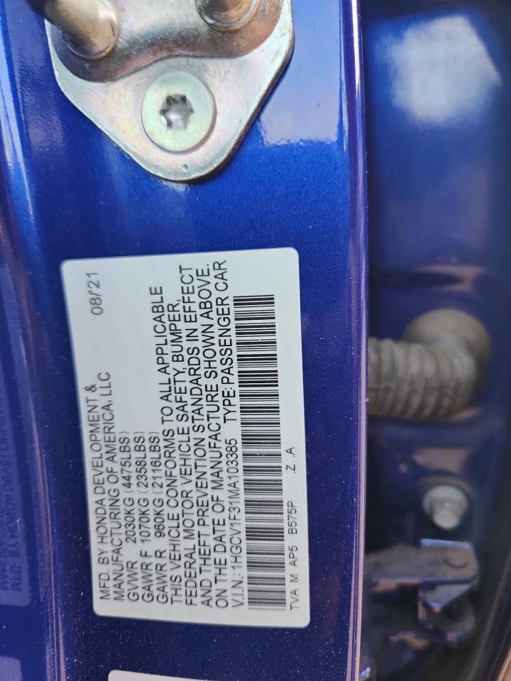 2021 Honda Accord Sport VIN: 1HGCV1F31MA103385 Lot: 81298275