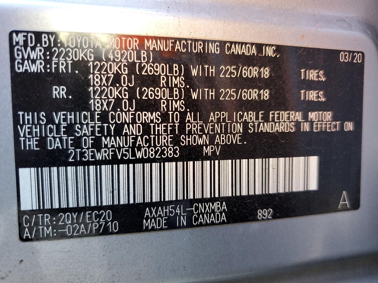 2020 Toyota Rav4 Xse VIN: 2T3EWRFV5LW082383 Lot: 81713785
