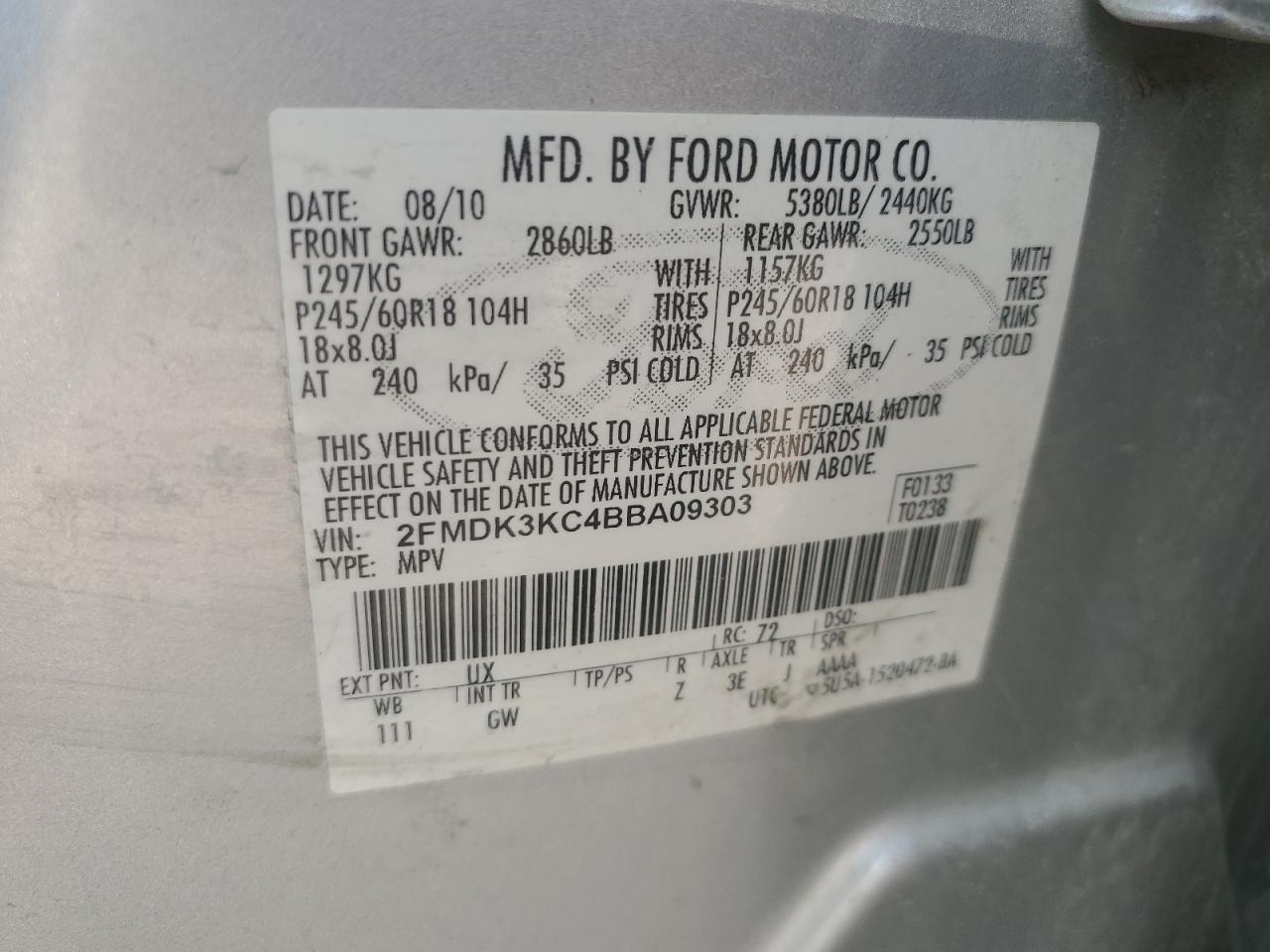 2011 Ford Edge Limited VIN: 2FMDK3KC4BBA09303 Lot: 71116295