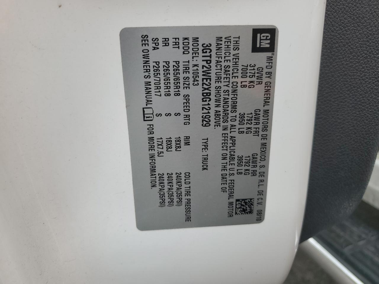 2011 GMC Sierra K1500 Slt VIN: 3GTP2WE2XBG121929 Lot: 69703295