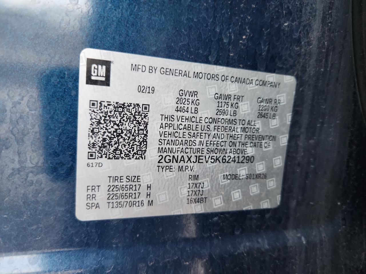 2019 Chevrolet Equinox Lt VIN: 2GNAXJEV5K6241290 Lot: 80547315