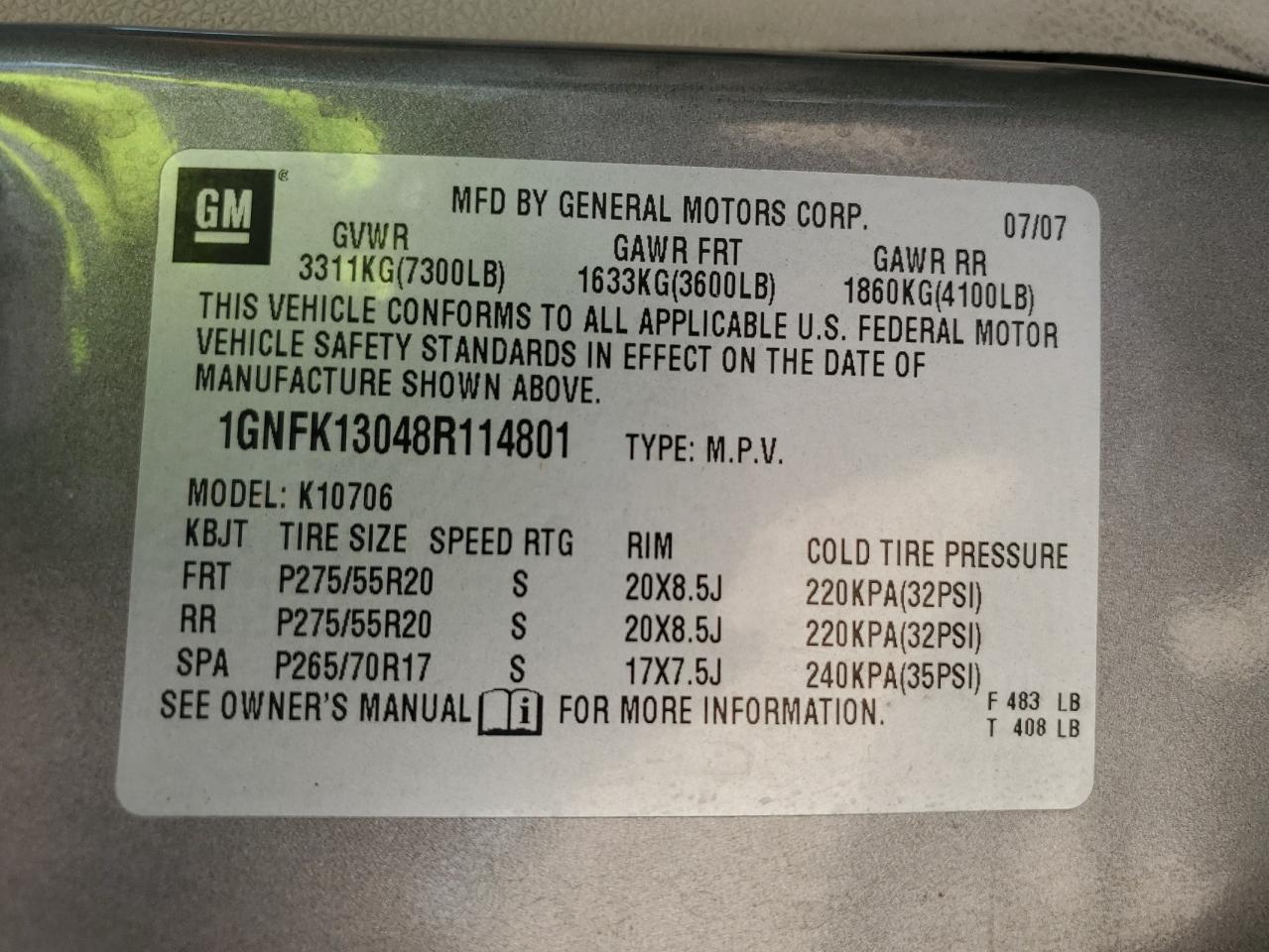 2008 Chevrolet Tahoe K1500 VIN: 1GNFK13048R114801 Lot: 81328945
