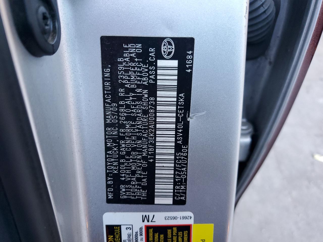 2010 Toyota Camry Base VIN: 4T1BF3EK2AU008738 Lot: 71587005