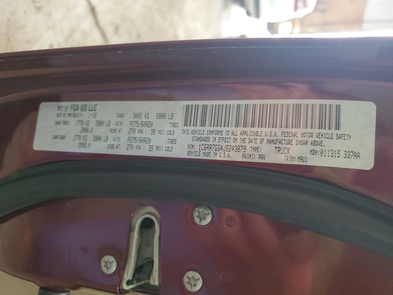 2018 Ram 1500 Slt VIN: 1C6RR7GG4JS243879 Lot: 81182895