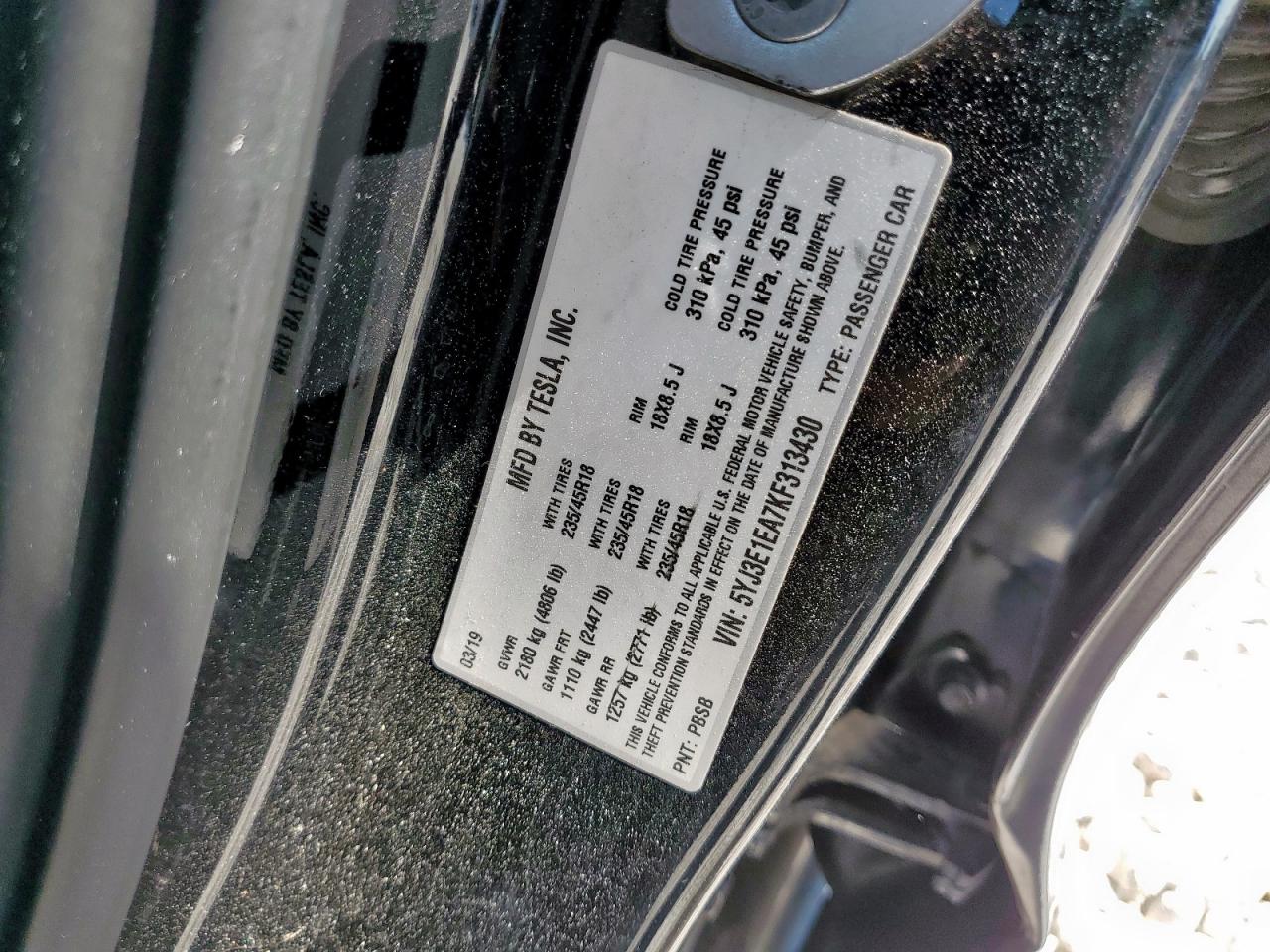 2019 Tesla Model 3 VIN: 5YJ3E1EA7KF313430 Lot: 80554495