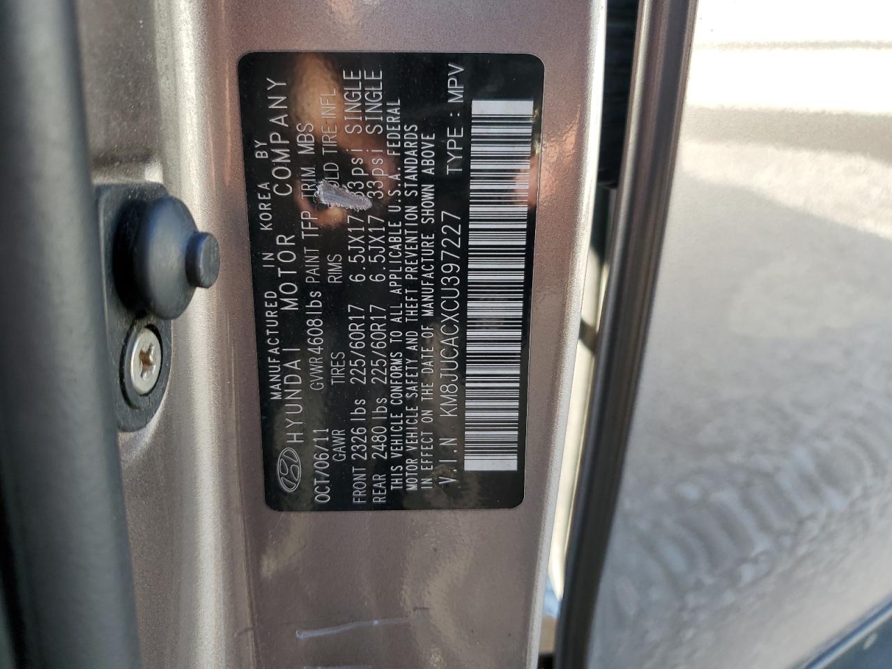 2012 Hyundai Tucson Gls VIN: KM8JUCACXCU397227 Lot: 81061995