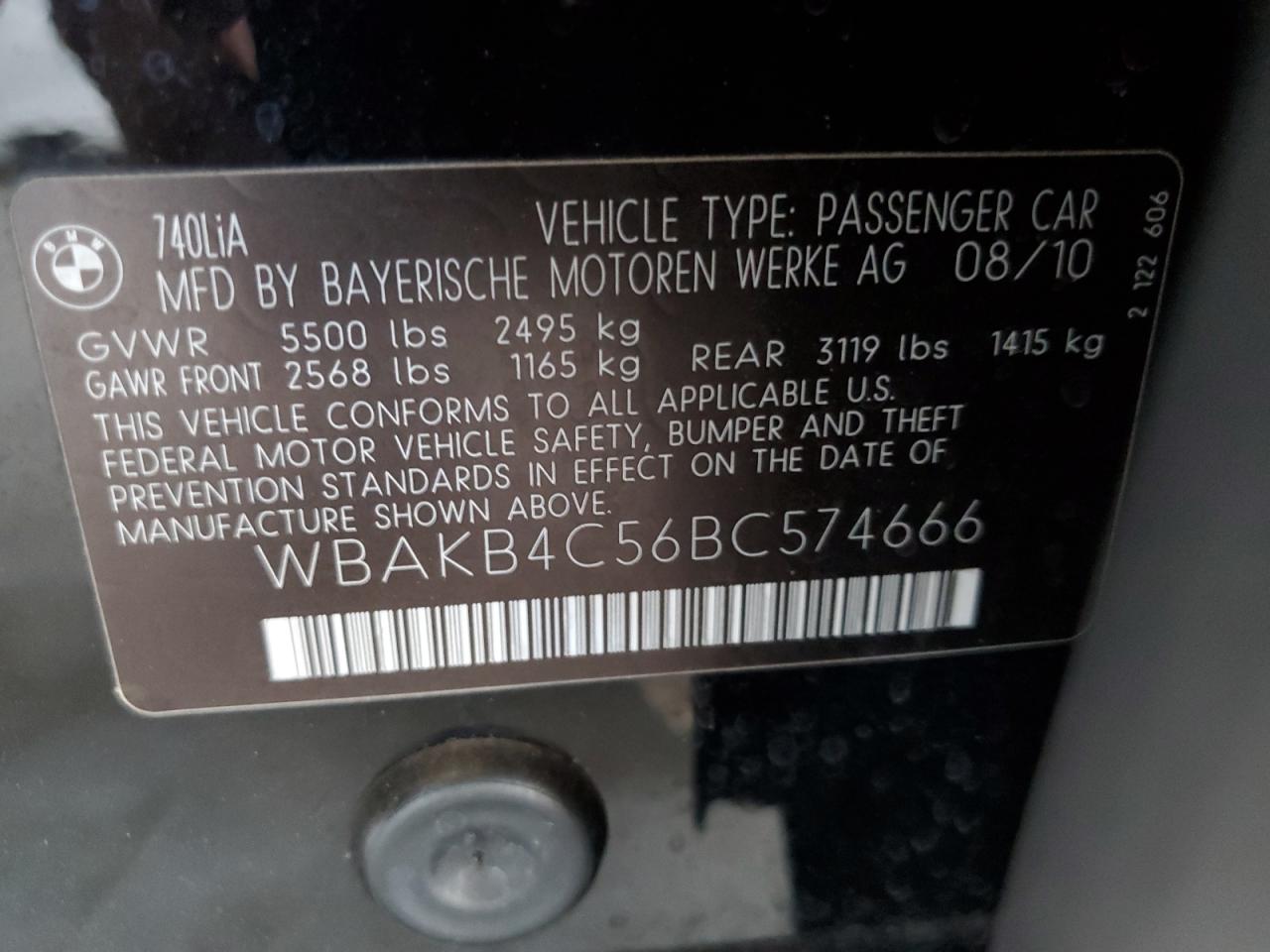 2011 BMW 740 Li VIN: WBAKB4C56BC574666 Lot: 81853495