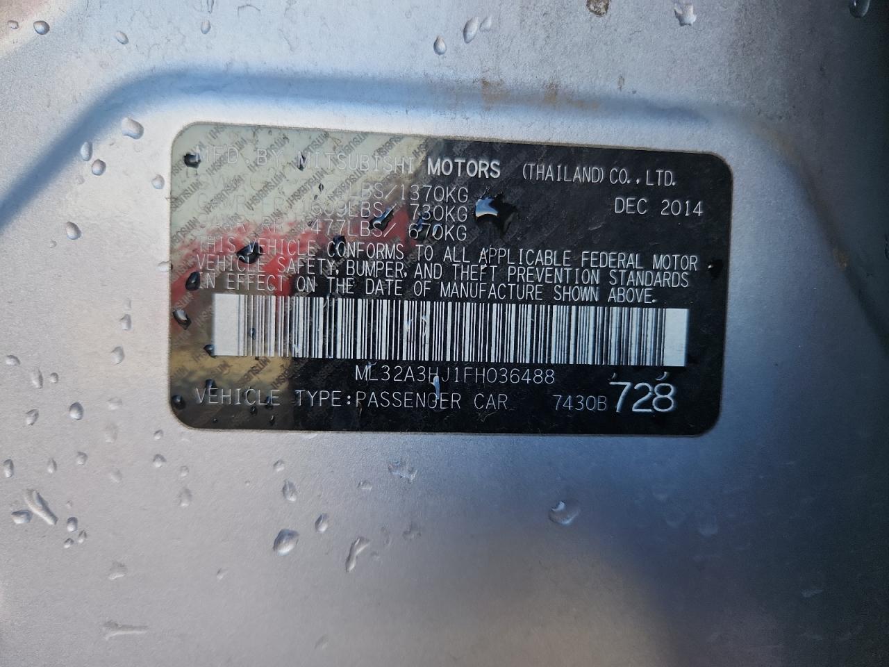 2015 Mitsubishi Mirage De VIN: ML32A3HJ1FH036488 Lot: 81492065