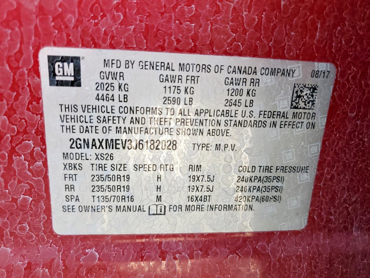 2018 Chevrolet Equinox Premier VIN: 2GNAXMEV3J6182028 Lot: 70947965