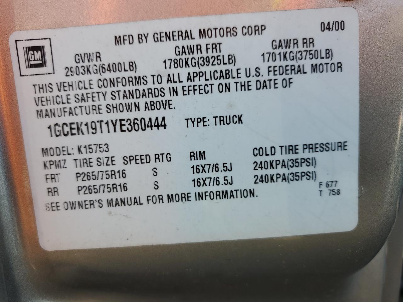2000 Chevrolet Silverado K1500 VIN: 1GCEK19T1YE360444 Lot: 81664225