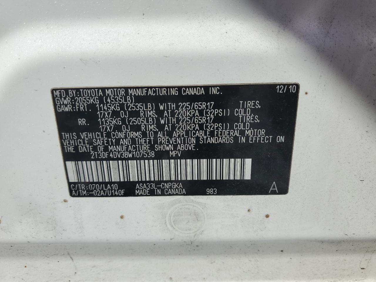 2011 Toyota Rav4 Limited VIN: 2T3DF4DV3BW107538 Lot: 71346225