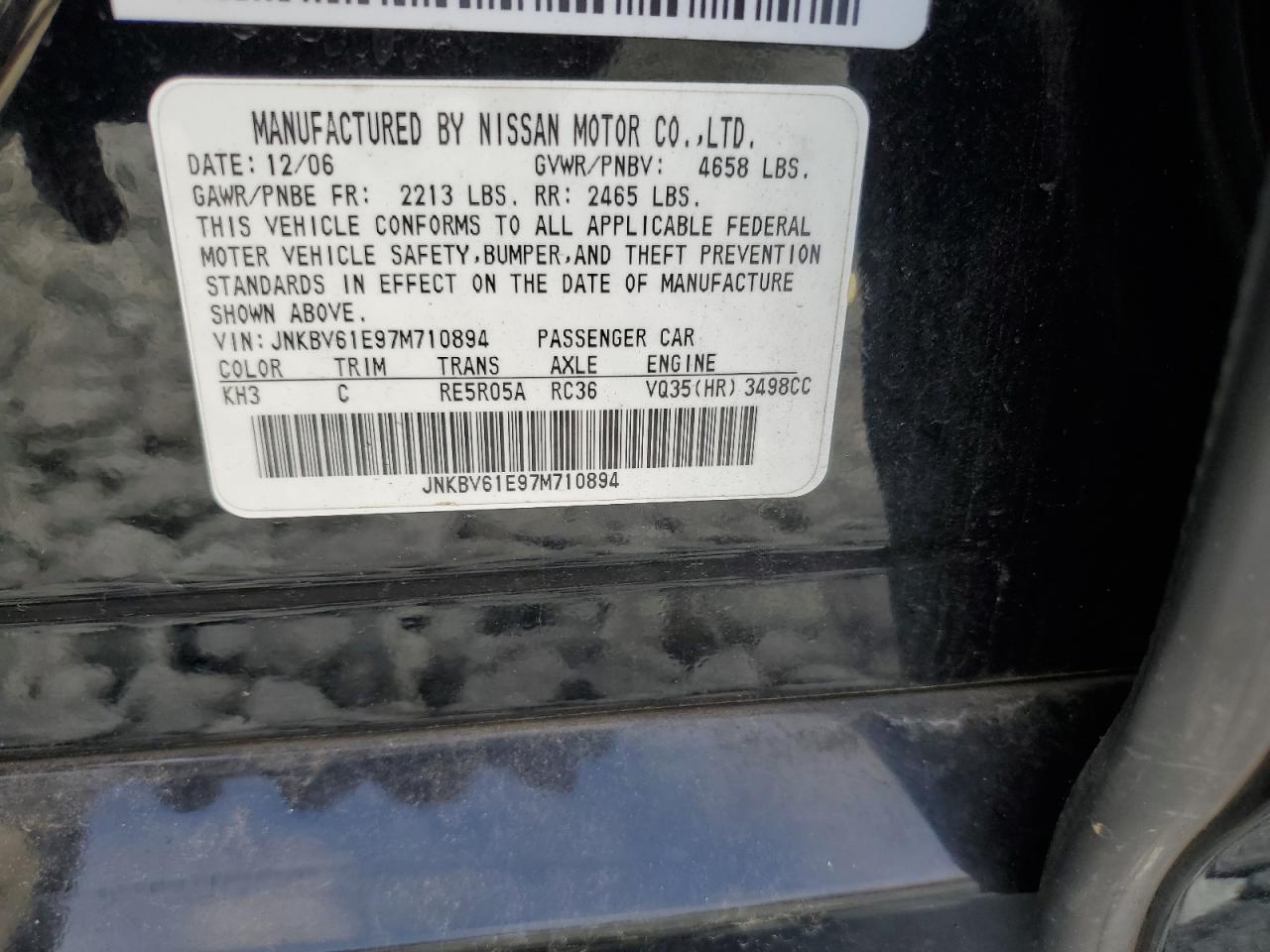 2007 Infiniti G35 VIN: JNKBV61E97M710894 Lot: 72069245