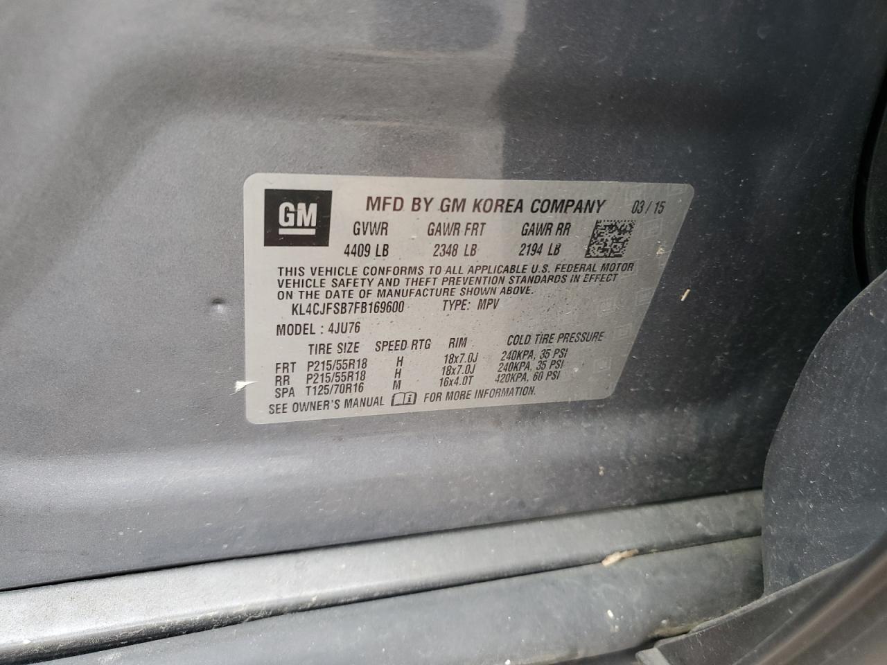 2015 Buick Encore Convenience VIN: KL4CJFSB7FB169600 Lot: 81009655