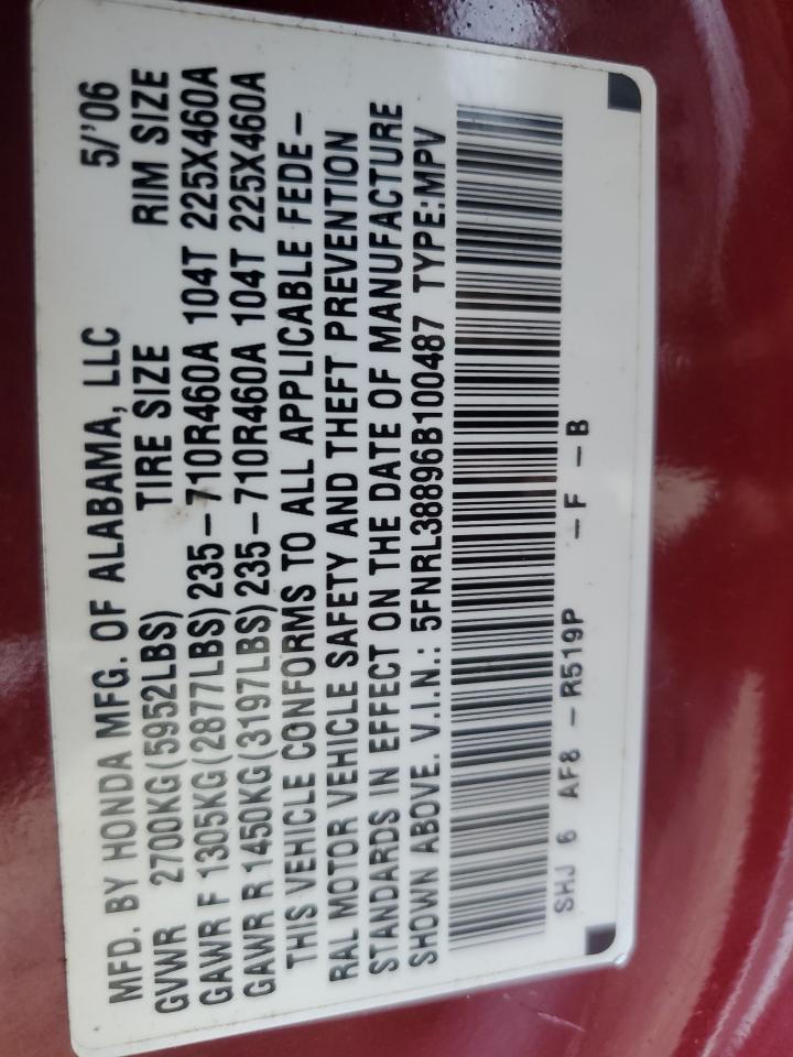 2006 Honda Odyssey Touring VIN: 5FNRL38896B100487 Lot: 68879315