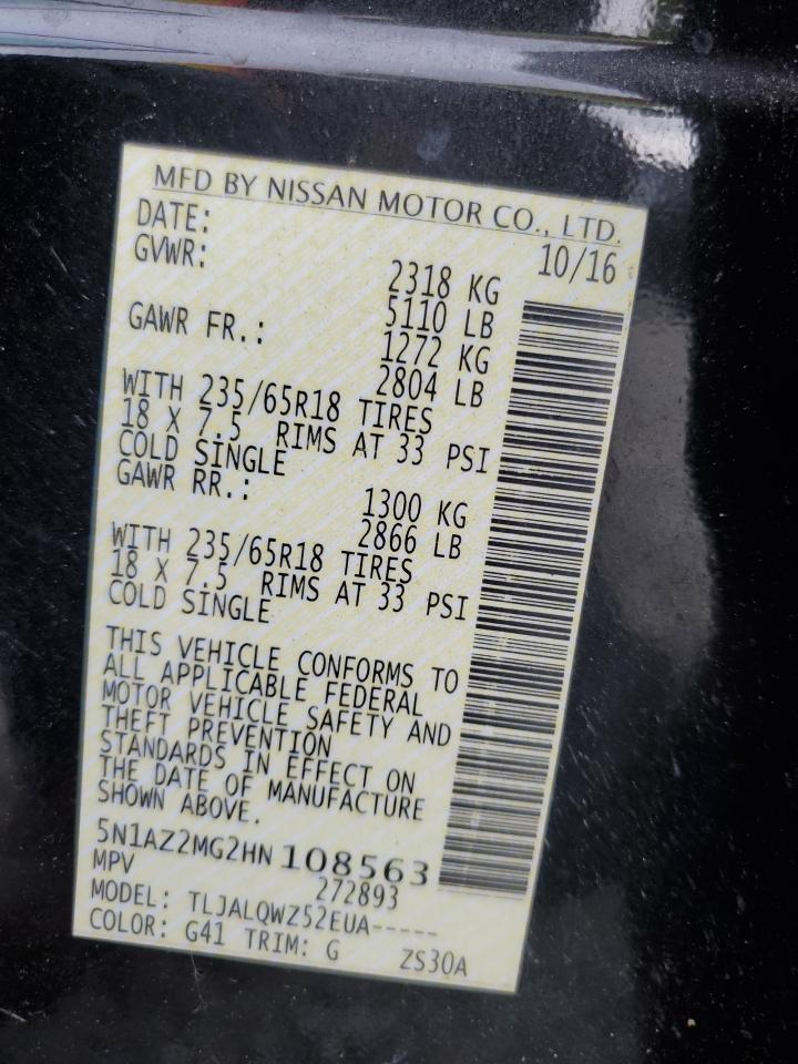 2017 Nissan Murano S VIN: 5N1AZ2MG2HN108563 Lot: 81748105