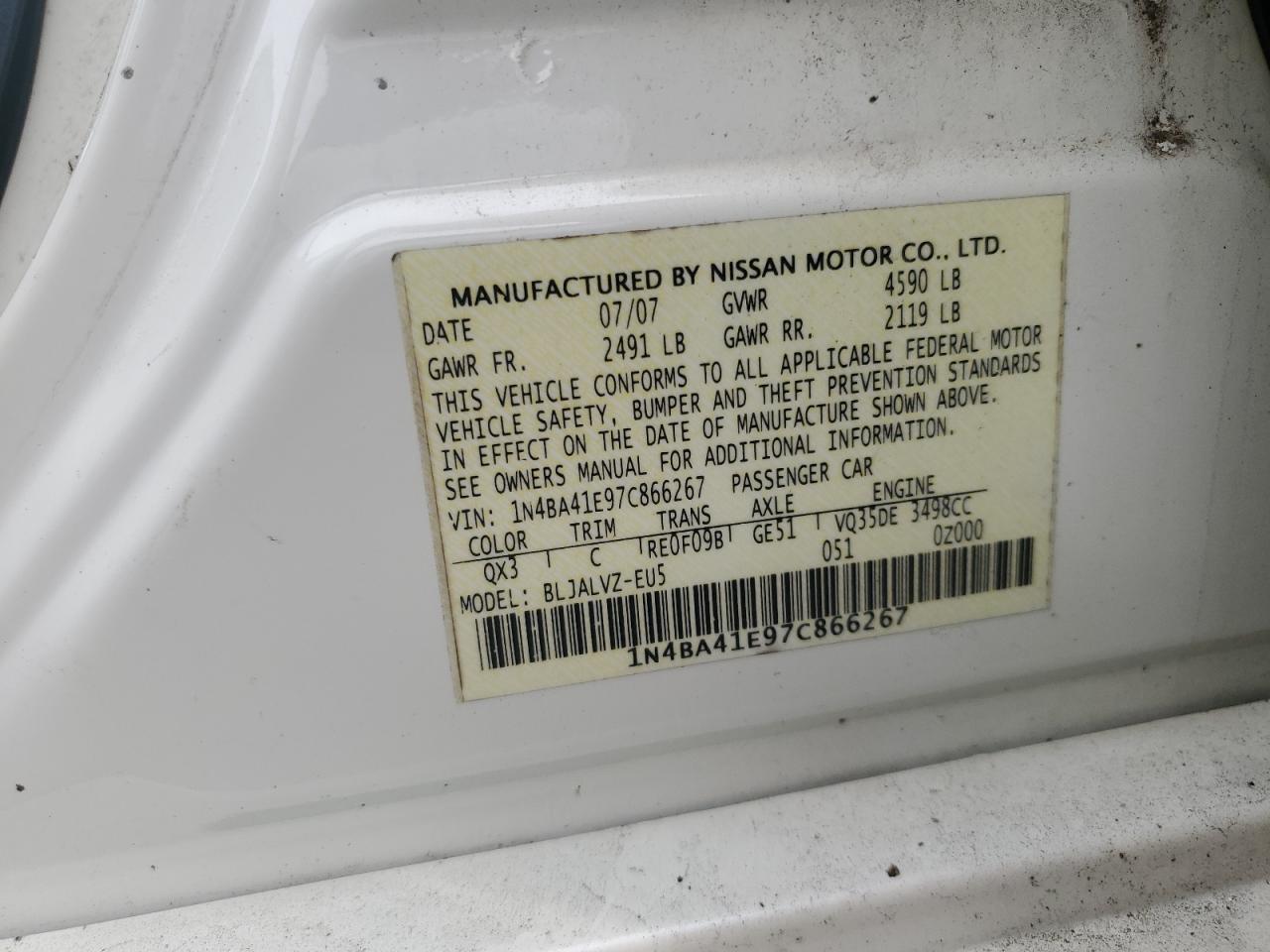 2007 Nissan Maxima Se VIN: 1N4BA41E97C866267 Lot: 83766925