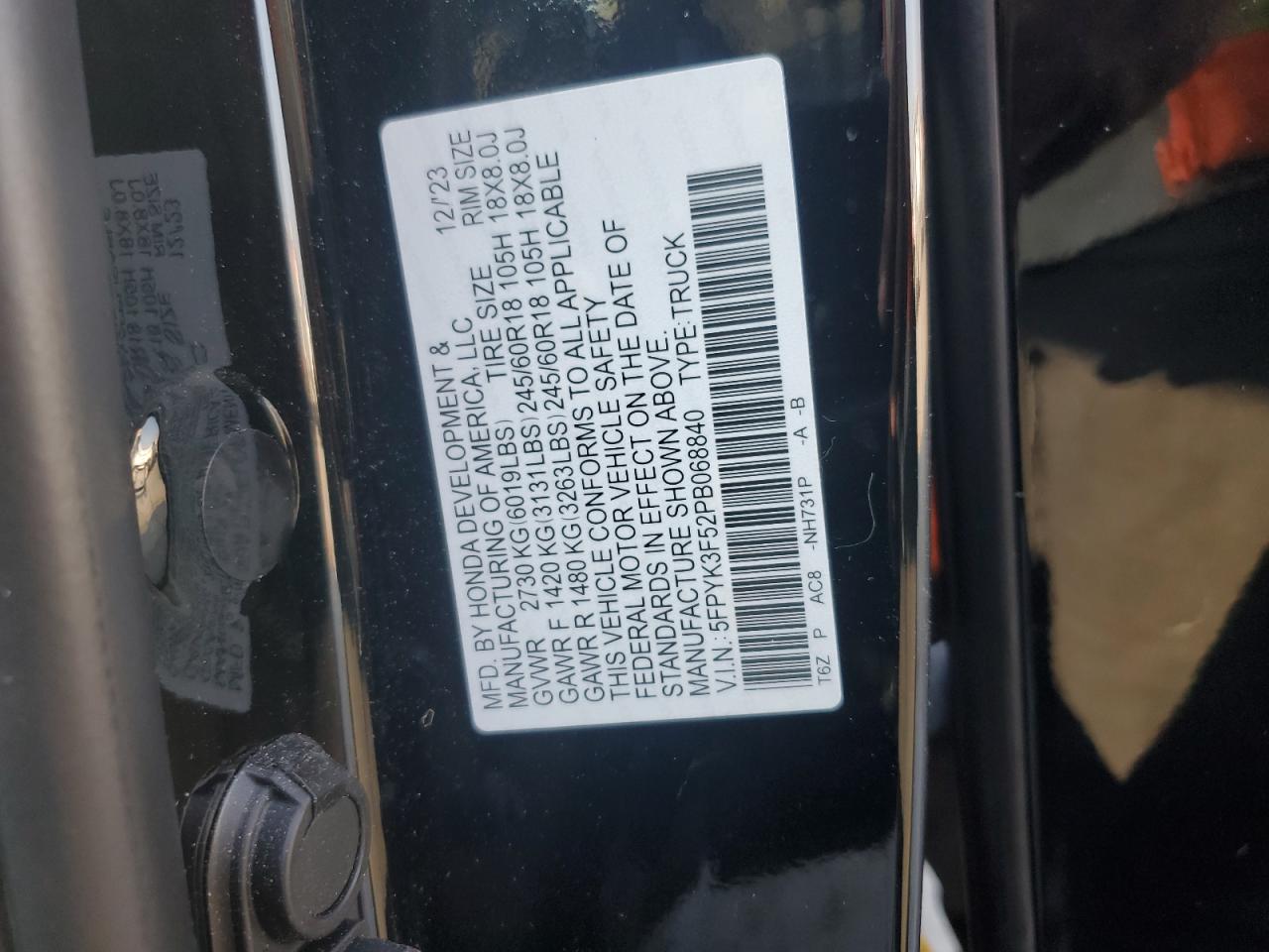 2023 Honda Ridgeline Rtl VIN: 5FPYK3F52PB068840 Lot: 80198925