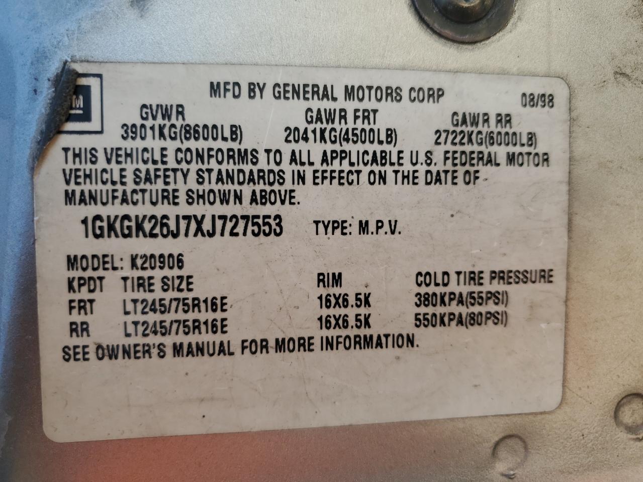 1999 GMC Suburban K2500 VIN: 1GKGK26J7XJ727553 Lot: 81513235