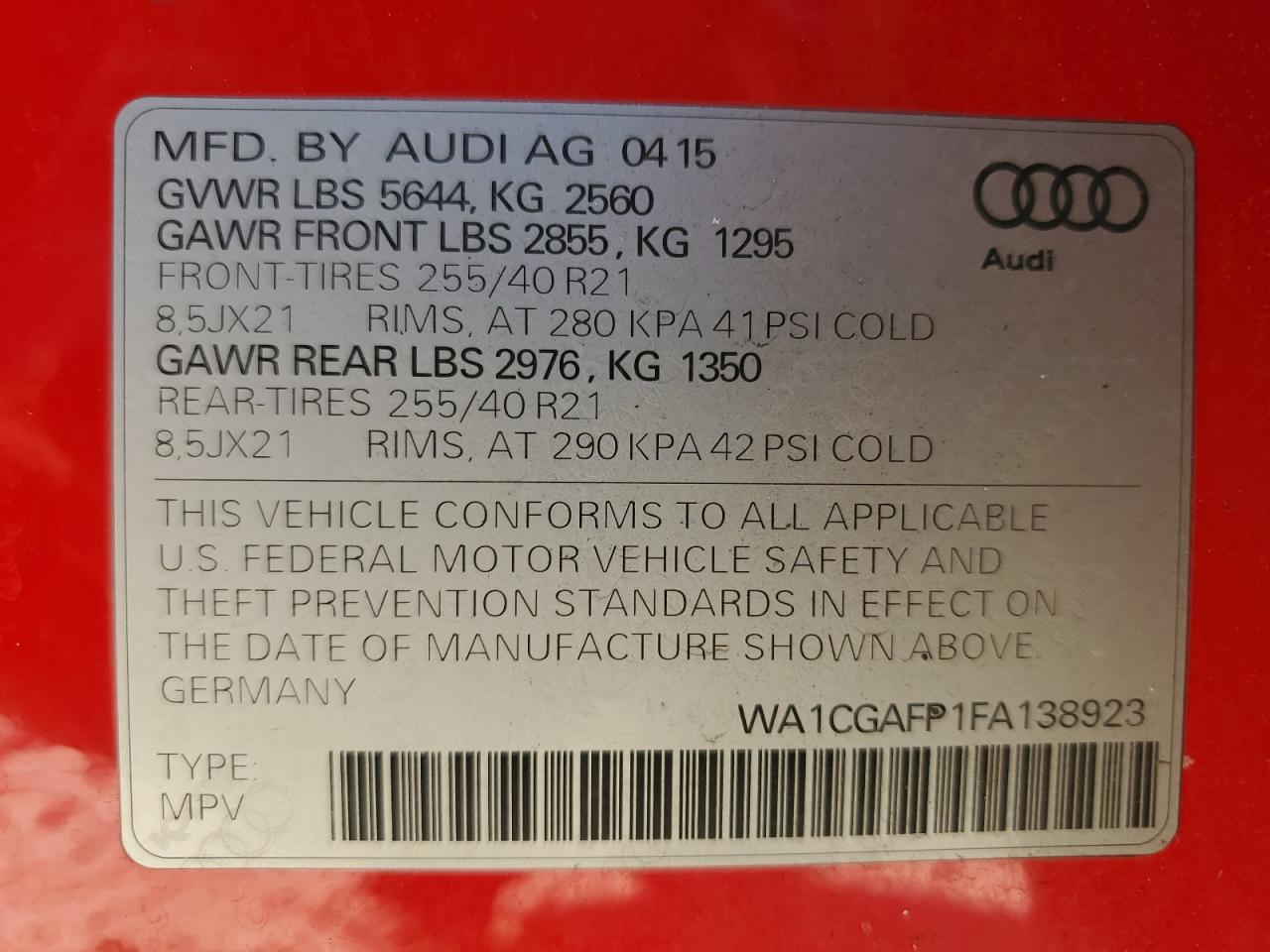 2015 Audi Sq5 Premium Plus VIN: WA1CGAFP1FA138923 Lot: 80034095