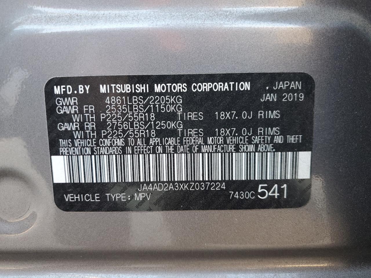 2019 Mitsubishi Outlander Es VIN: JA4AD2A3XKZ037224 Lot: 81562475