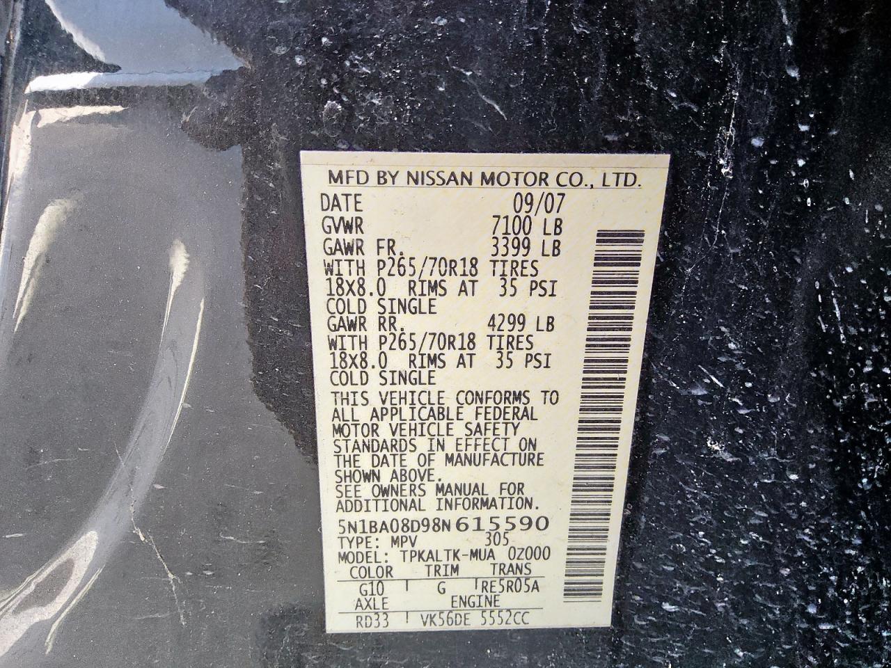 2008 Nissan Armada Se VIN: 5N1BA08D98N615590 Lot: 92517385