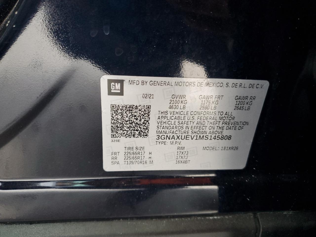 2021 Chevrolet Equinox Lt VIN: 3GNAXUEV1MS145808 Lot: 71950805