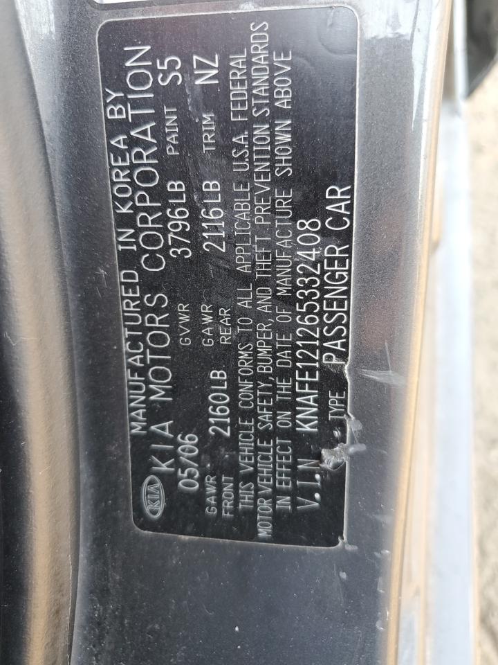 2006 Kia Spectra Lx VIN: KNAFE121265332408 Lot: 81044425