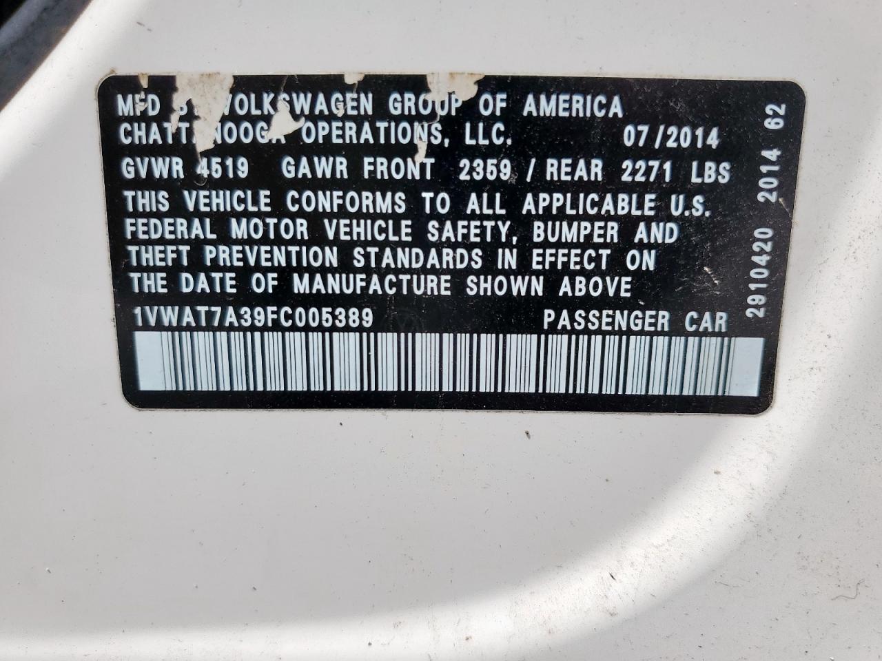 2015 Volkswagen Passat S VIN: 1VWAT7A39FC005389 Lot: 72046895