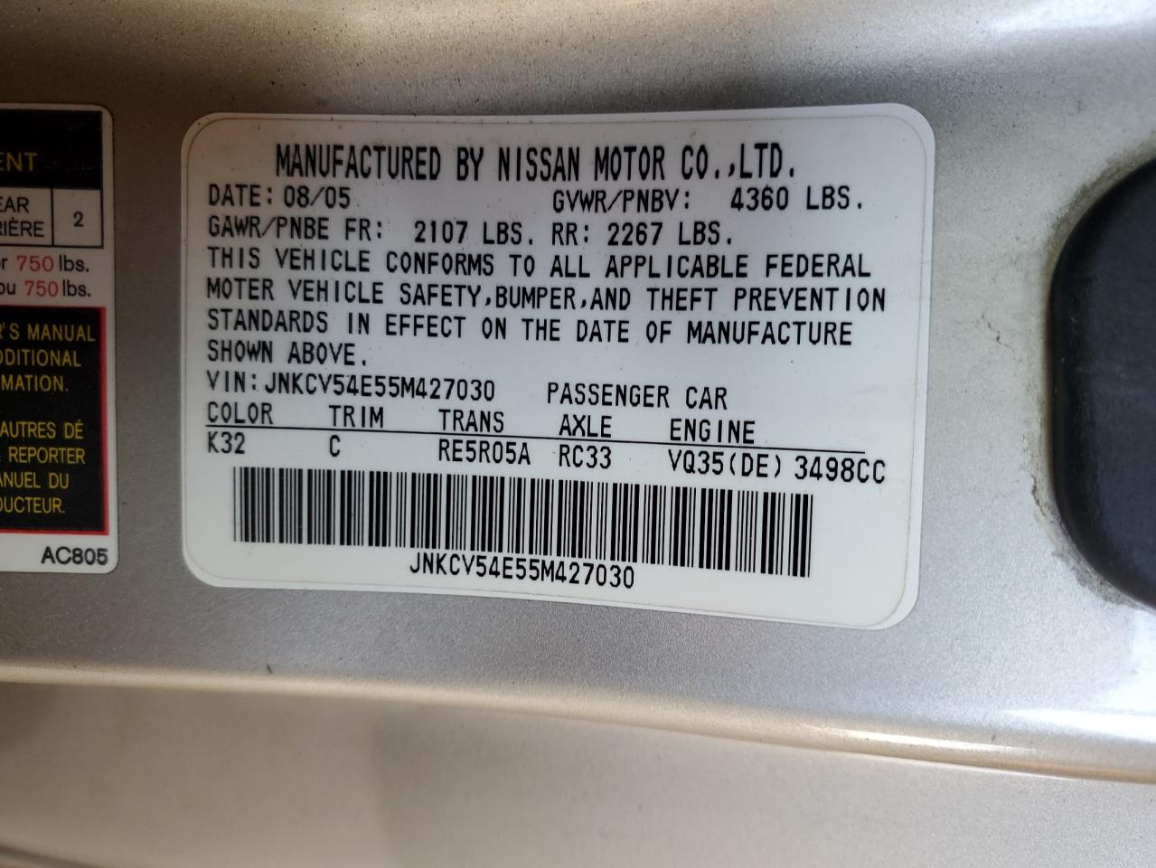 2005 Infiniti G35 VIN: JNKCV54E55M427030 Lot: 71029735