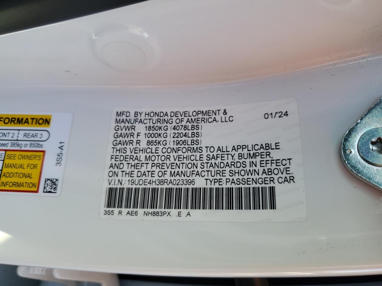 2024 Acura Integra A-Spec VIN: 19UDE4H38RA023396 Lot: 71693025