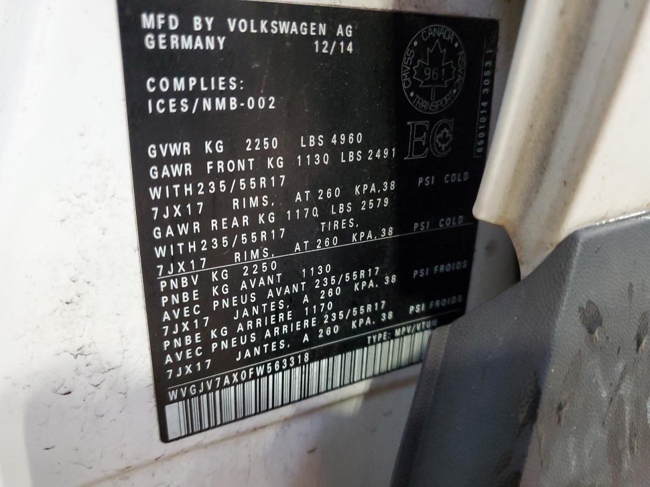 2015 Volkswagen Tiguan S VIN: WVGJV7AX0FW563318 Lot: 81408565