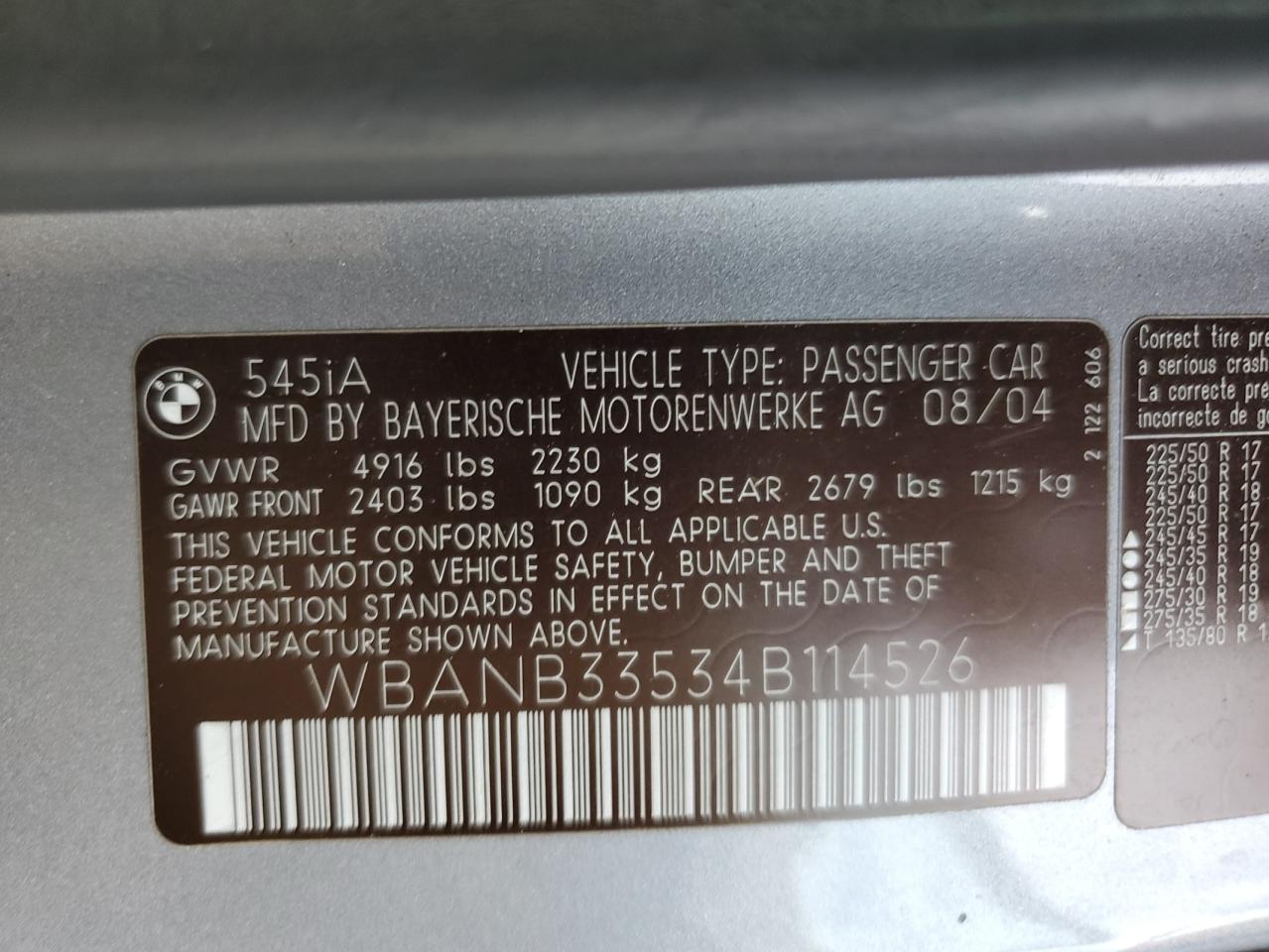 2004 BMW 545 I VIN: WBANB33534B114526 Lot: 81697235