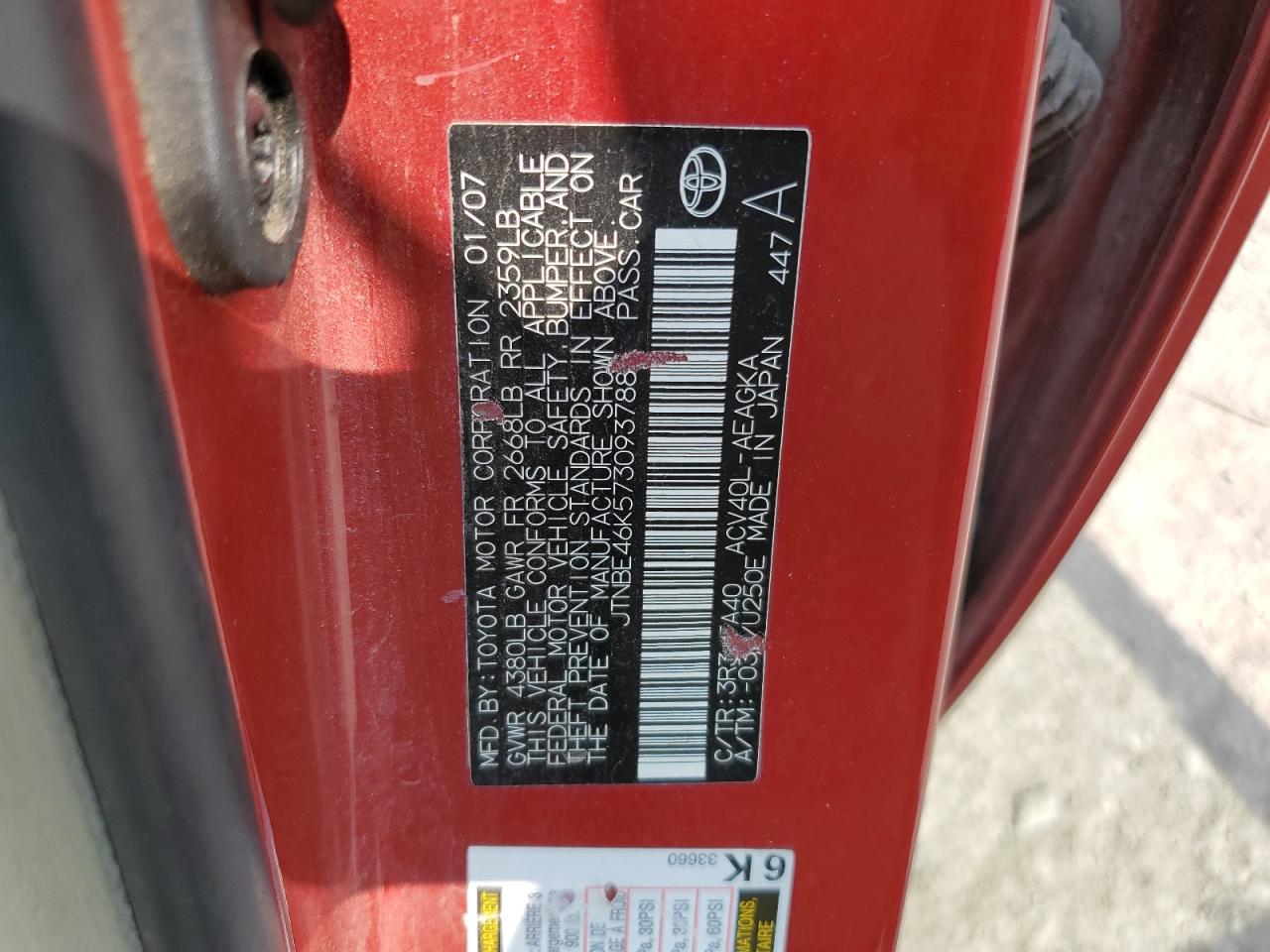 2007 Toyota Camry Ce VIN: JTNBE46K573093788 Lot: 71637015