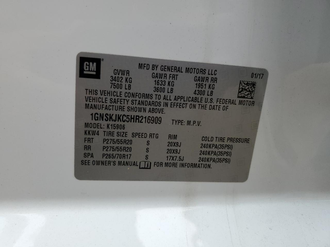 2017 Chevrolet Suburban K1500 Premier VIN: 1GNSKJKC5HR216909 Lot: 81224145