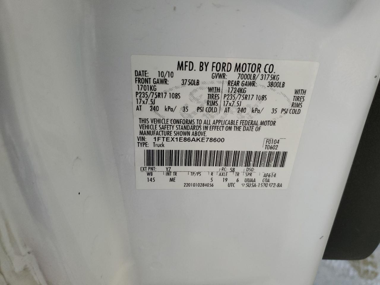 2010 Ford F150 Super Cab VIN: 1FTEX1E86AKE78600 Lot: 81109895