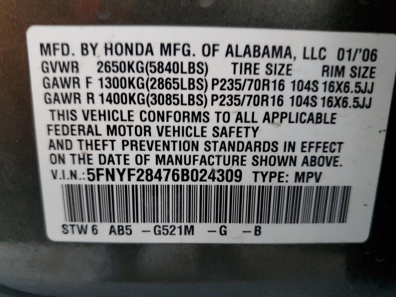 2006 Honda Pilot Ex VIN: 5FNYF28476B024309 Lot: 80084965