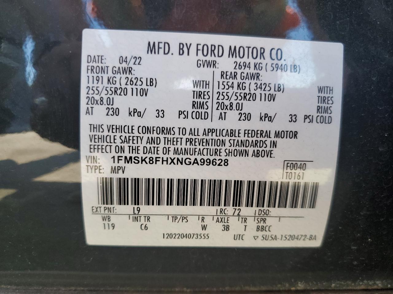 2022 Ford Explorer Limited VIN: 1FMSK8FHXNGA99628 Lot: 85100345