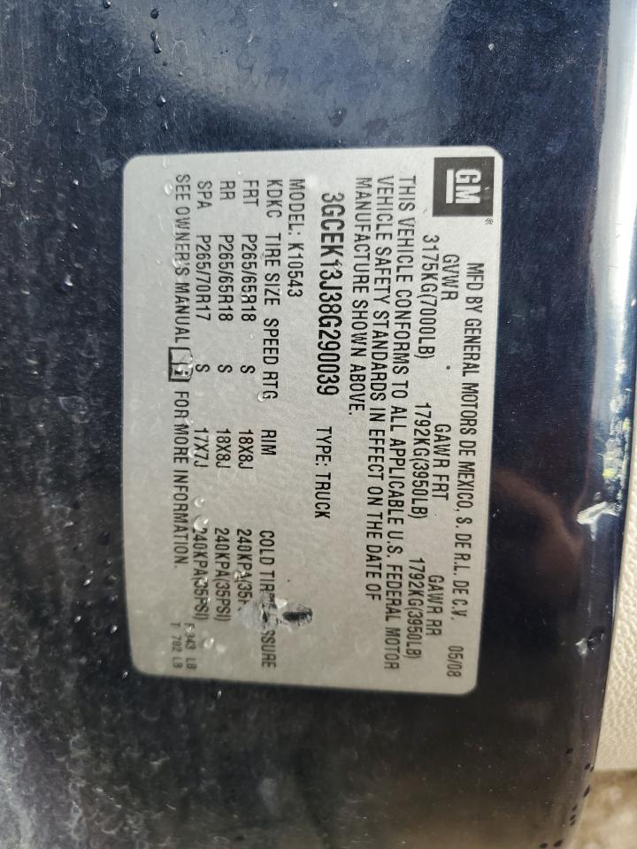 2008 Chevrolet Silverado K1500 VIN: 3GCEK13J38G290039 Lot: 82117495