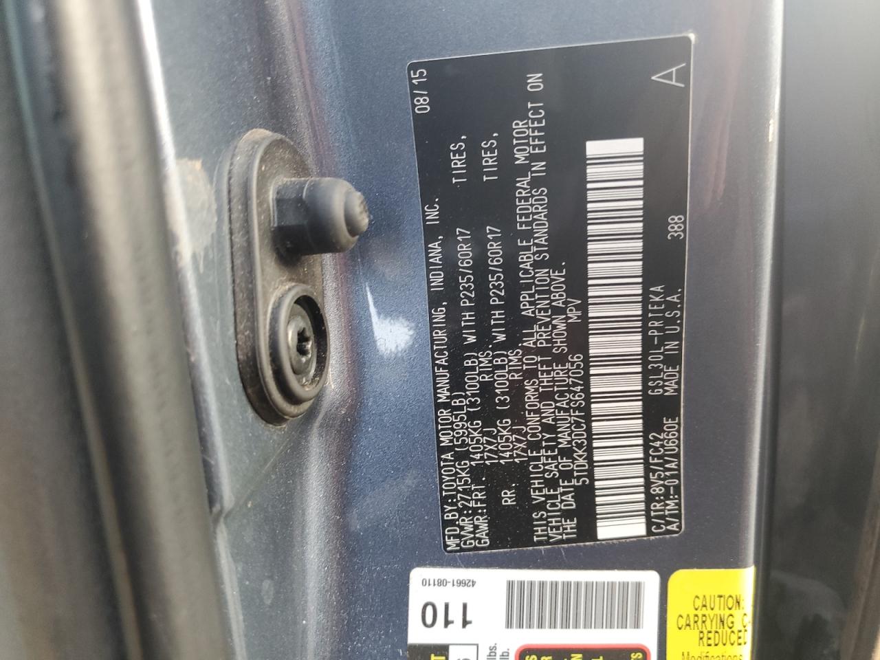 2015 Toyota Sienna Le VIN: 5TDKK3DC7FS647056 Lot: 71981905
