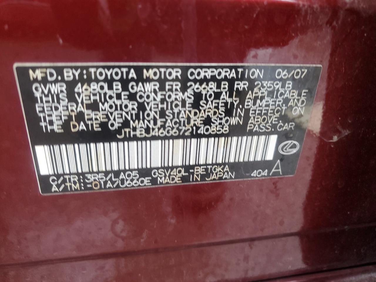 2007 Lexus Es 350 VIN: JTHBJ46G672140858 Lot: 81694885