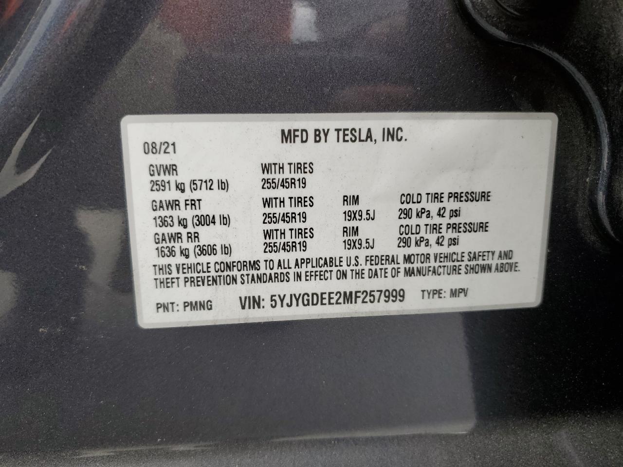 2021 Tesla Model Y VIN: 5YJYGDEE2MF257999 Lot: 84370155